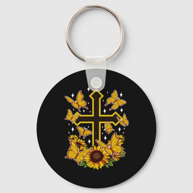 Butterfly Christian Cross Floral Sunflower Keychain (Front)