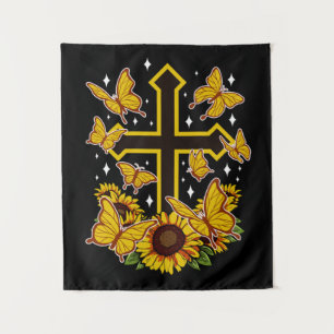 Butterfly Christian Cross Floral Sunflower Tapestry