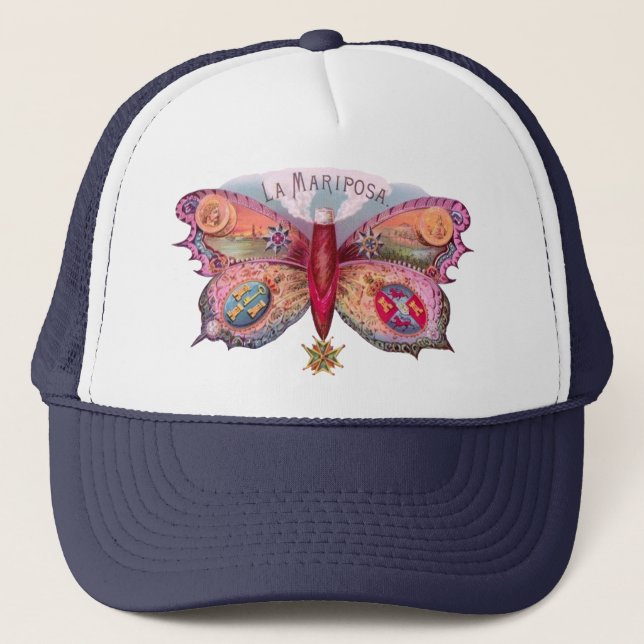 Butterfly Cigar Antique Painting Advertising Trucker Hat (Front)