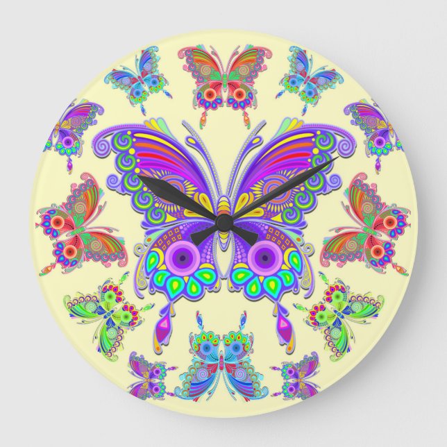 Butterfly Colourful Tattoo Style Large Clock (Front)