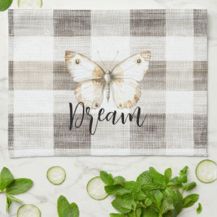 Butterfly Cream Plaid Stripes Kitchen Towel