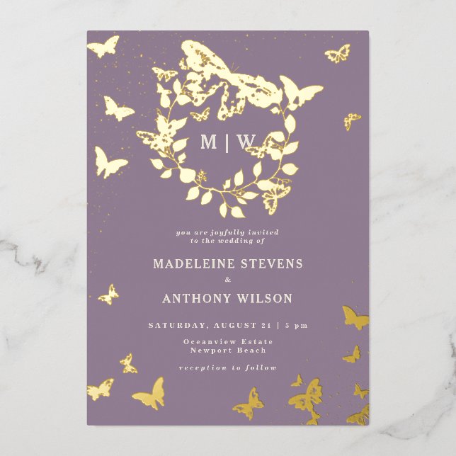 Butterfly Crest Lilac Gold Monograms Wedding (Front)