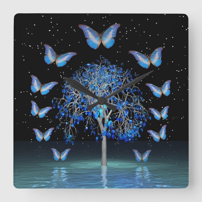 Butterfly Crystal Tree Square Wall Clock (Front)