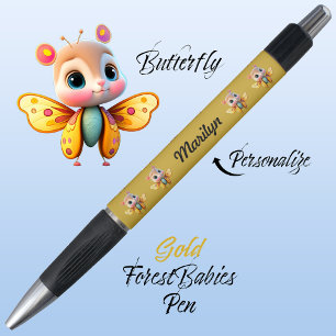 Butterfly, Cute Whimsical Girl Character, Gold 🦋 Pen