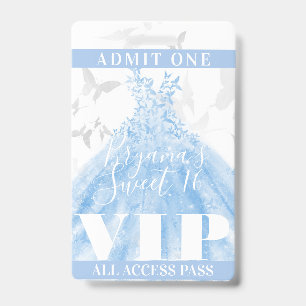 Butterfly Dance Blue Silver Sweet 16 VIP Pass Badge
