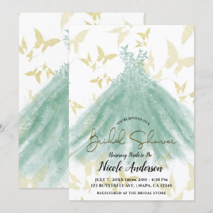 Butterfly Dance Green Dress Gold Bridal Shower  Invitation