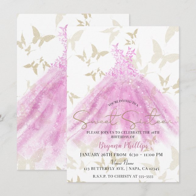 Butterfly Dance Pink & Gold Dress Sweet 16 Invitation (Front/Back)