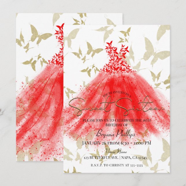 Butterfly Dance Red Dress Gold Sweet 16 Party Invitation (Front/Back)
