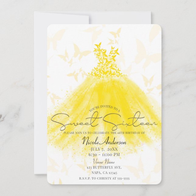 Butterfly Dance Yellow Dress Sweet 16 Party Invitation (Front)