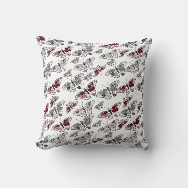 Butterfly decorated with various flowers throw pillow (Front)
