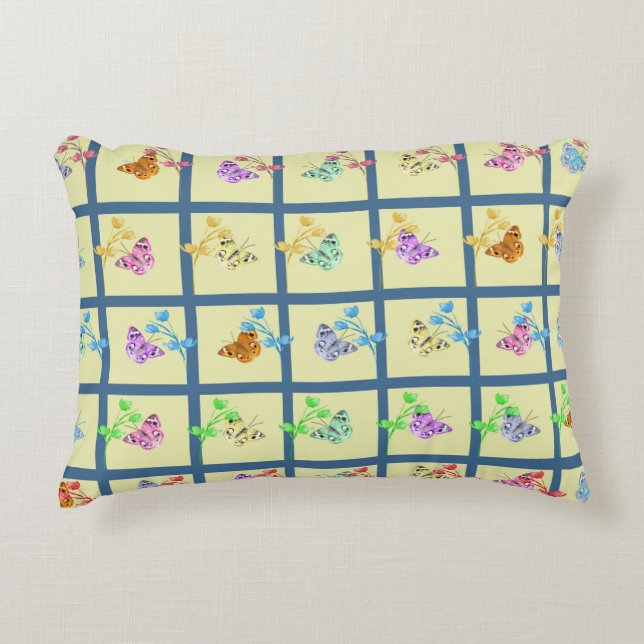 Butterfly Design in Yellow with Flowers Accent Pillow (Front)
