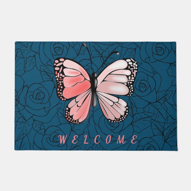 Butterfly Doormat with Roses - Welcome (Front)