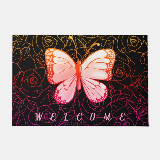 Butterfly Doormat with Roses - Welcome (Front)