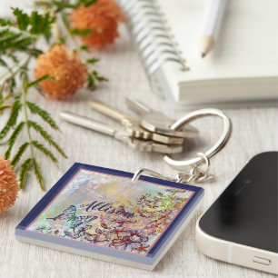 Butterfly dragonfly and flowers personalized keychain