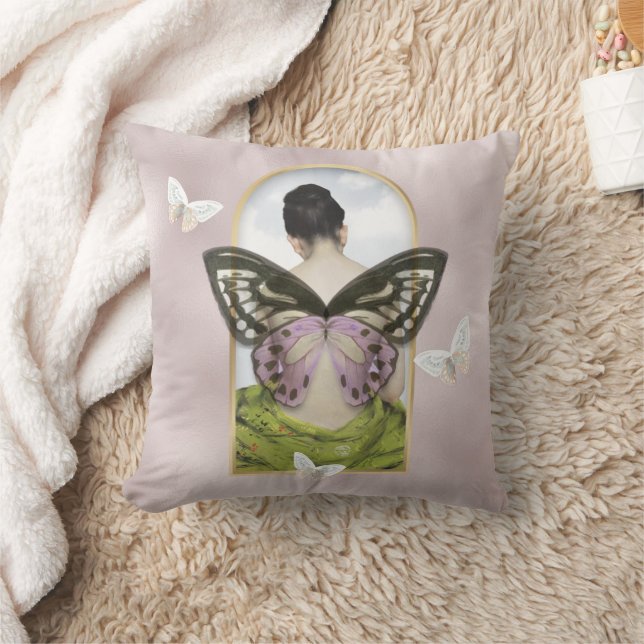 Butterfly Dream Feminine Fantasy Collage Throw Pillow (Blanket)