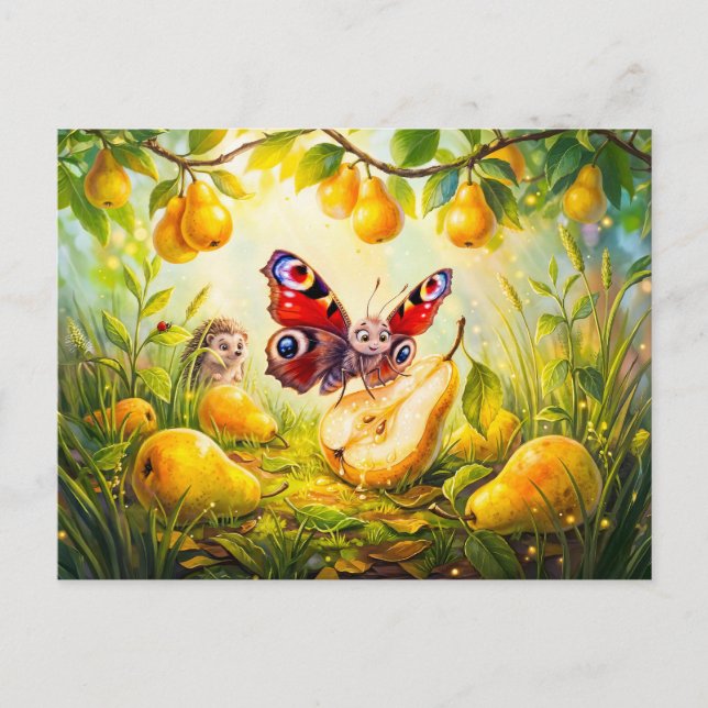 Butterfly Drinking Pear Juice While Hedgehog Watch Postcard (Front)