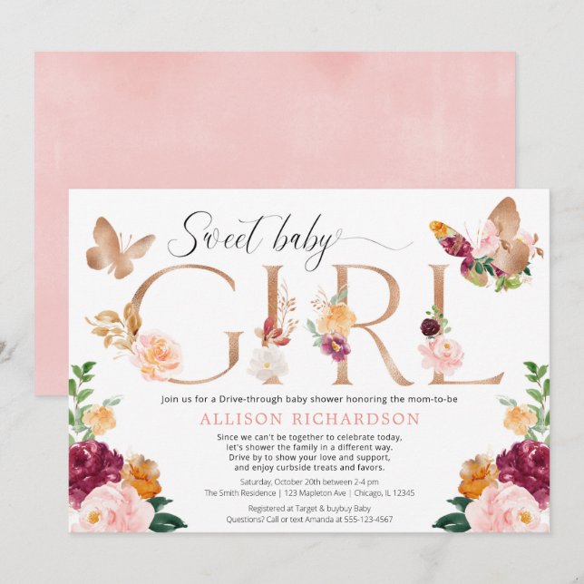 Butterfly Drive through blush pink burgundy girl Invitation (Front/Back)