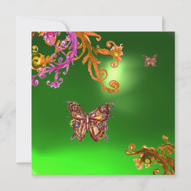 BUTTERFLY EMERALD GREEN, bright pink yellow brown Invitation (Front)
