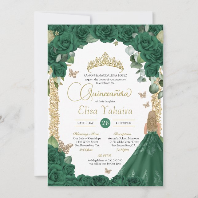 Butterfly Emerald Green Princess Quinceanera Invitation (Front)
