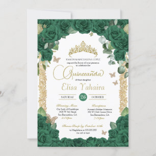 Butterfly Emerald Green Rose and Gold Quinceanera Invitation