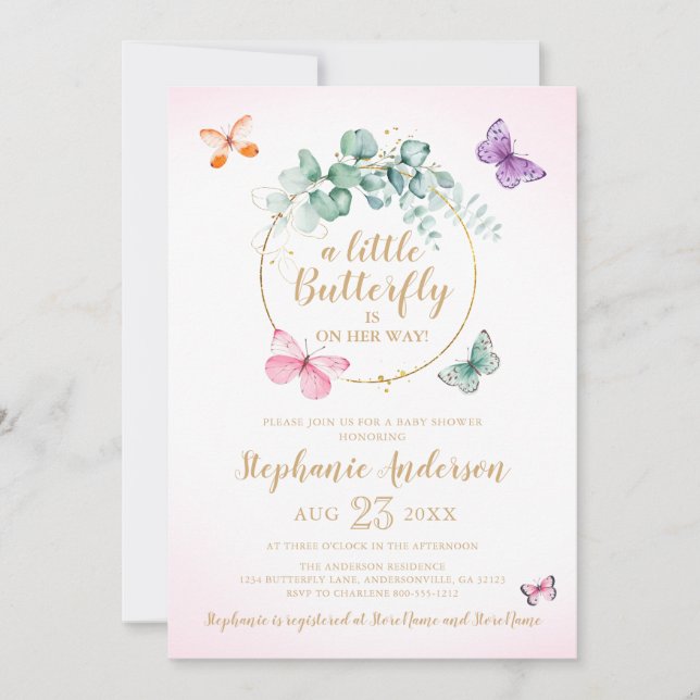 Butterfly Eucalyptus Wreath Pink Gold Baby Shower Invitation (Front)