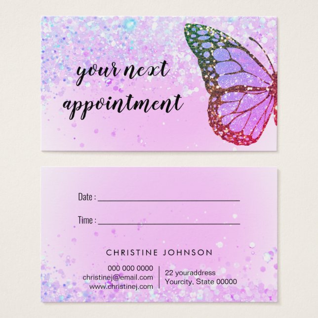 butterfly faux glitter appointment card (Front & Back)