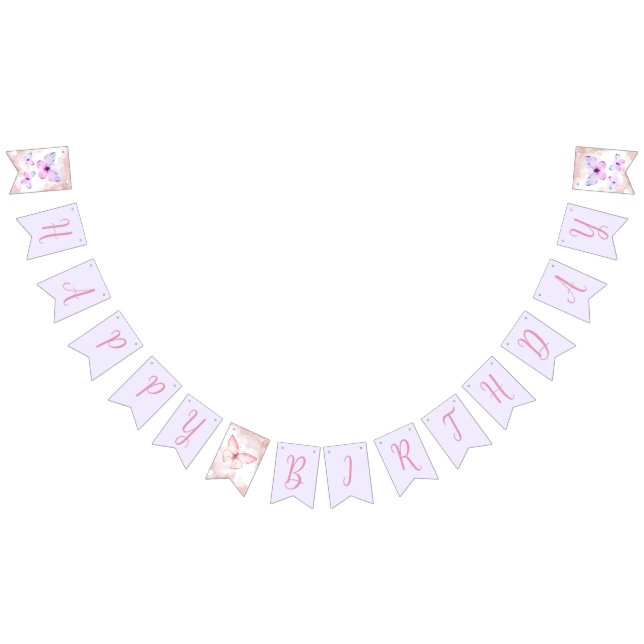 Butterfly First Birthday Girl 1st Pink Purple Bunting Flags (All)