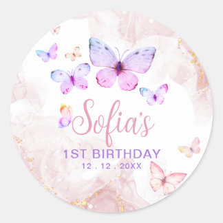 Butterfly First Birthday Girl 1st Pink Purple Classic Round Sticker