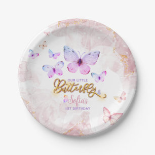 Butterfly First Birthday Girl 1st Pink Purple Paper Plate