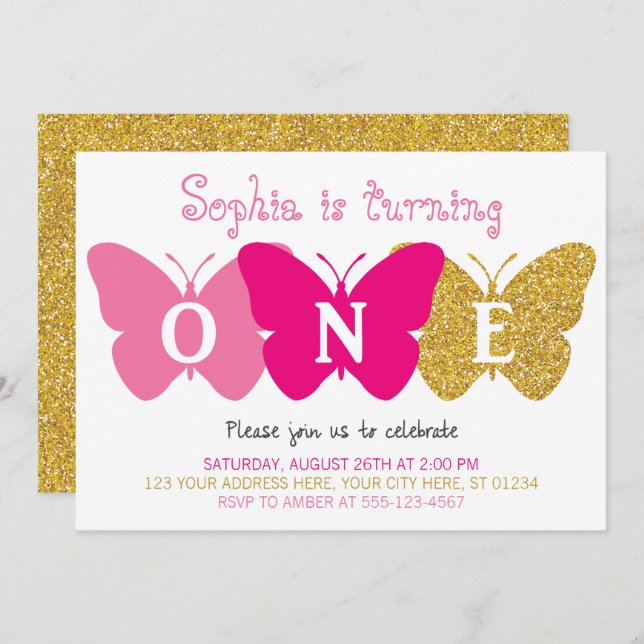 Butterfly First Birthday Invitation | Pink & Gold (Front/Back)