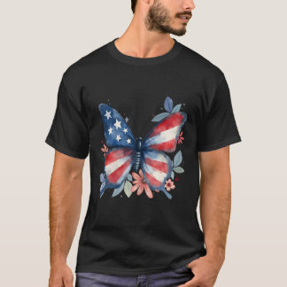 Butterfly Floral American Flag Usa 4th Of July Gir T-Shirt