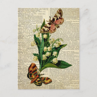Butterfly floral art on vintage dictionary page postcard