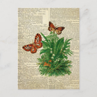 Butterfly floral art on vintage dictionary page postcard