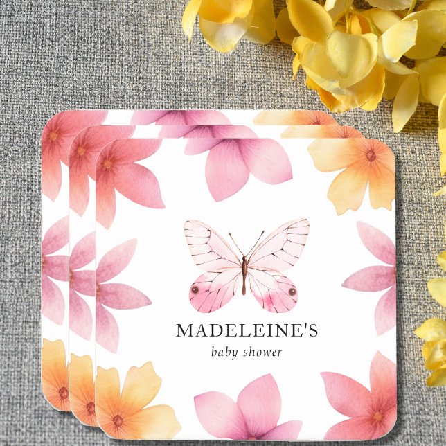 Butterfly Floral Baby Shower Personalized  Square Paper Coaster (Creator Uploaded)