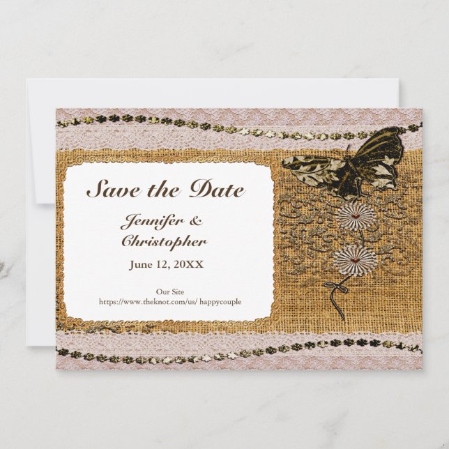 Butterfly Floral Beads Lace & Burlap Add Photo Save The Date (Front)