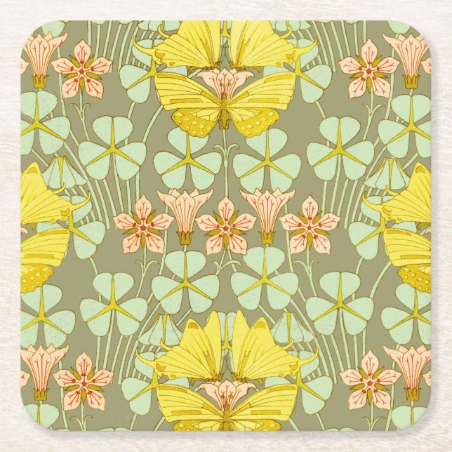 Butterfly Floral Botanical Colourful Square Paper Coaster (Front)