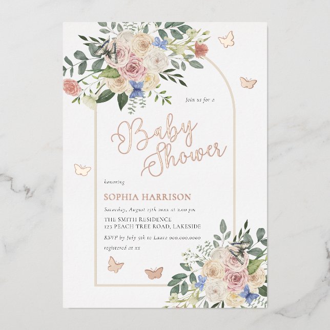 Butterfly Floral Bouquet Arch Foil Invitation (Front)