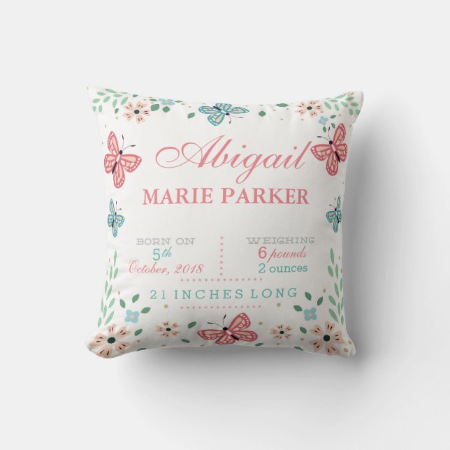 Butterfly Floral Garden Baby Stats Pillow (Front)