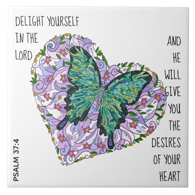 Butterfly & Floral Heart, w verse from Psalm 37:4 Tile (Front)