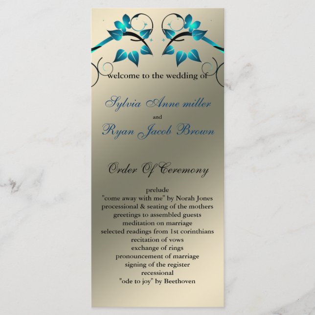 butterfly floral ivory aqua  Wedding program (Front)