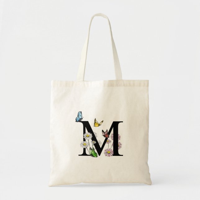 Butterfly Floral Letter M Monogram Tote Bag (Front)