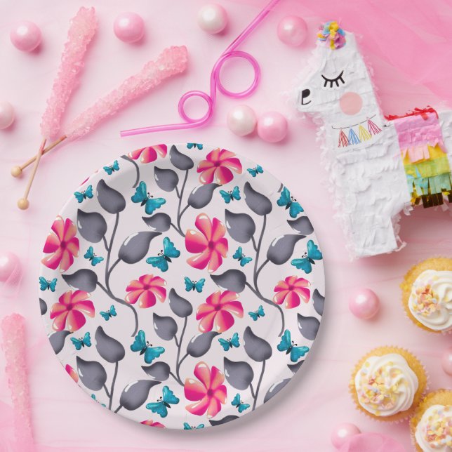 Butterfly floral  Pattern Elegant Botanical Paper Plate (Party)