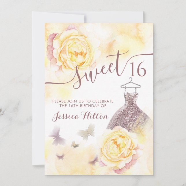 Butterfly floral peony sweet sixteen invitation (Front)