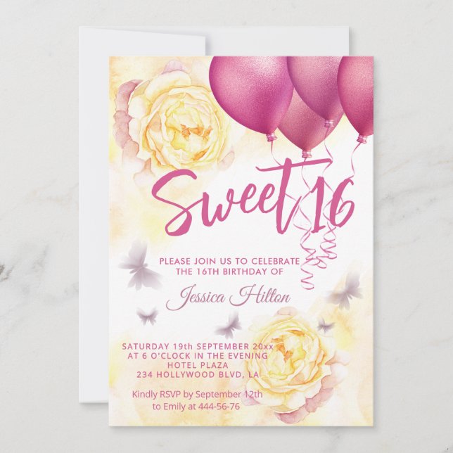 Butterfly floral peony sweet sixteen invitation (Front)