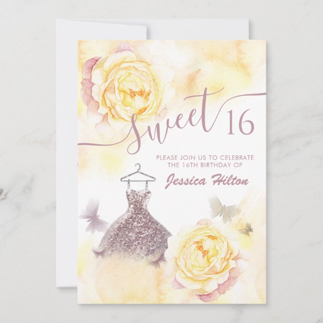 Butterfly floral peony sweet sixteen invitation (Front)