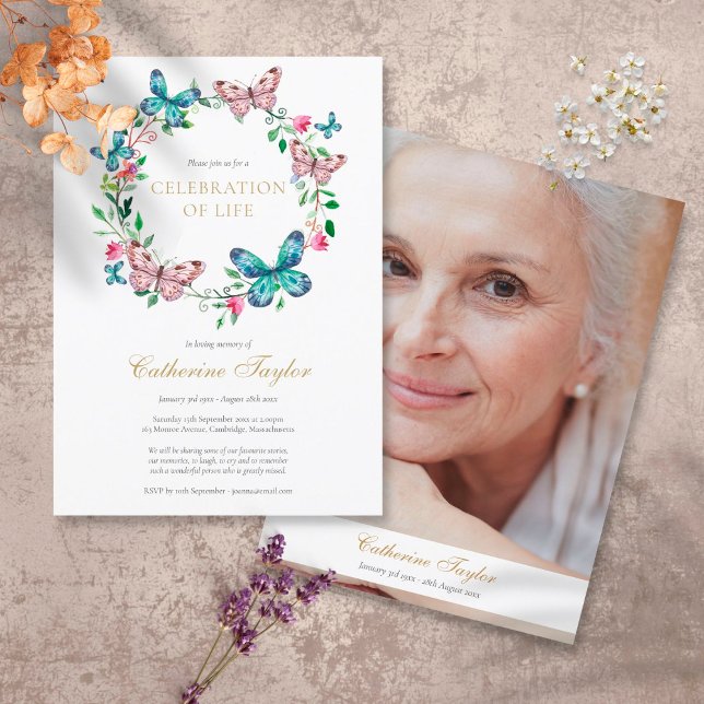 Butterfly Floral Photo Celebration of Life Funeral Invitation (Creator Uploaded)