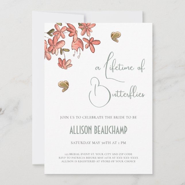 Butterfly Floral QR Code Bridal Shower  Invitation (Front)