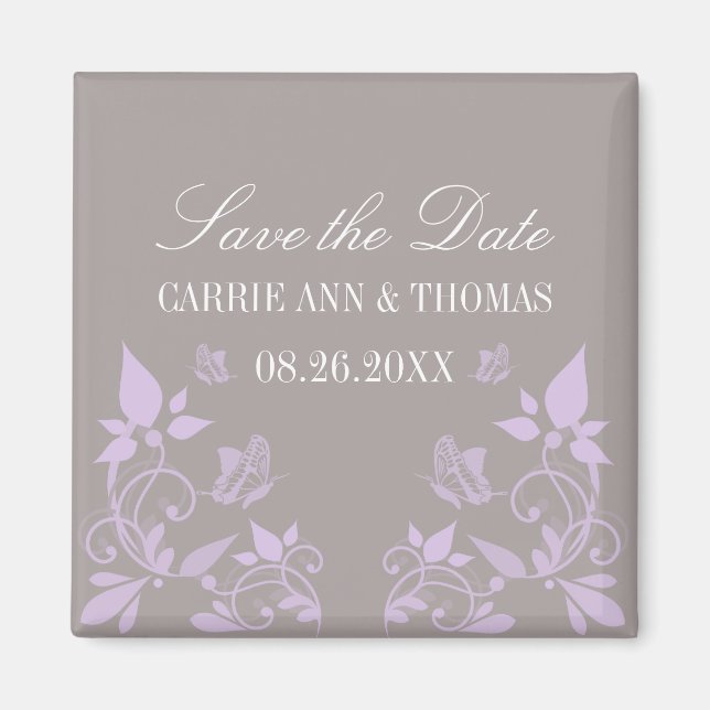 Butterfly Floral Save the Date Magnet, Lilac Magnet (Front)