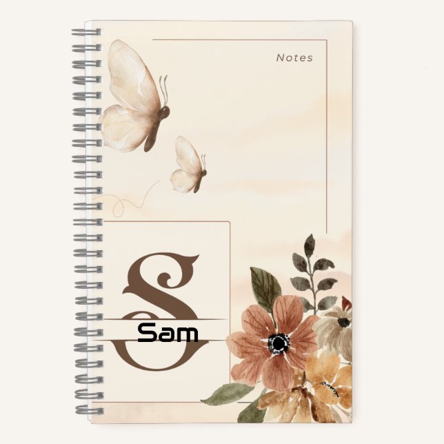 Butterfly & Floral Spiral Notebook with Initial S (Front)