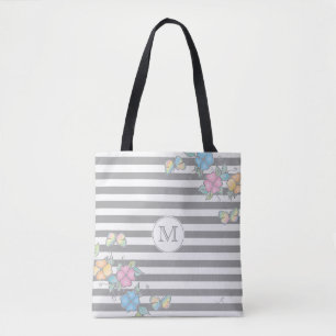 Butterfly Floral Striped Monogram Grey Tote Bag